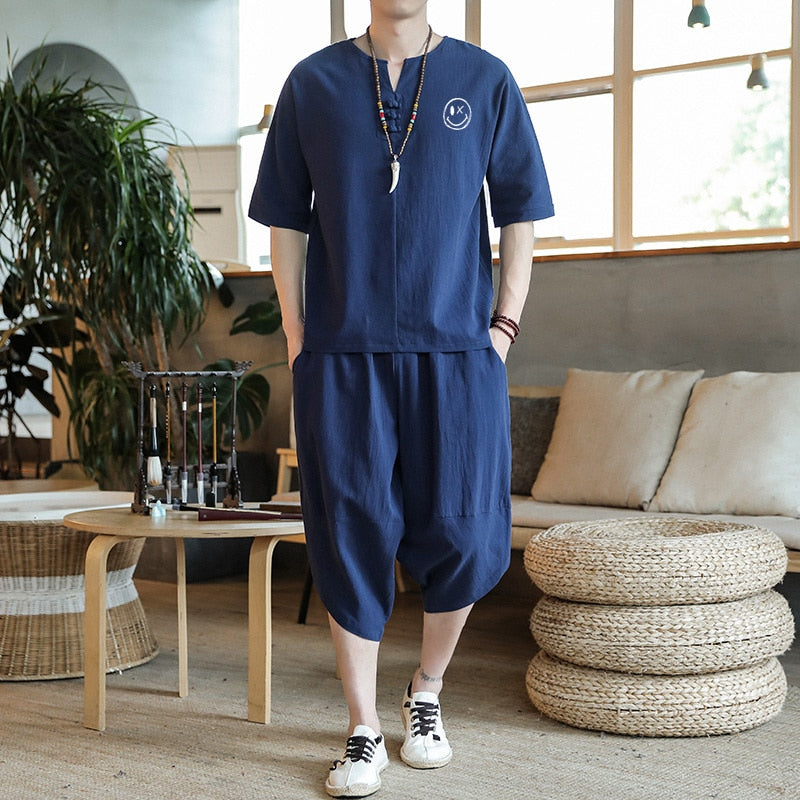 sanyamk Japanese Style Suits Kimono Short-Sleeved T-shirt Pants Two Piece Men Tops Trousers Male Japan Harajuku Yukata Cardigan Costume