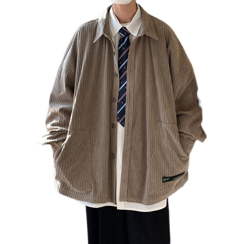Bonsir Autumn Khaki Black Corduroy Jacket Men Fashion Retro Casual Lapel Jackets Mens Streetwear Hip Hop Loose Bomber Jacket Men M-2XL