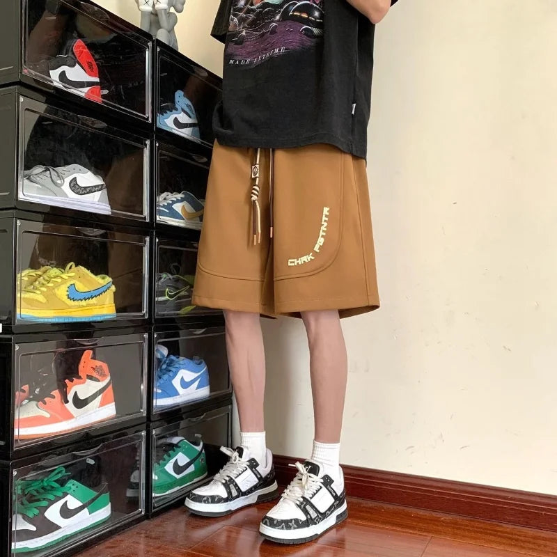 Bonsir Summer New Sports Loose American Vintage Fashion Casual All-match Solid Color Letter Printed Spliced Drawstring Shorts