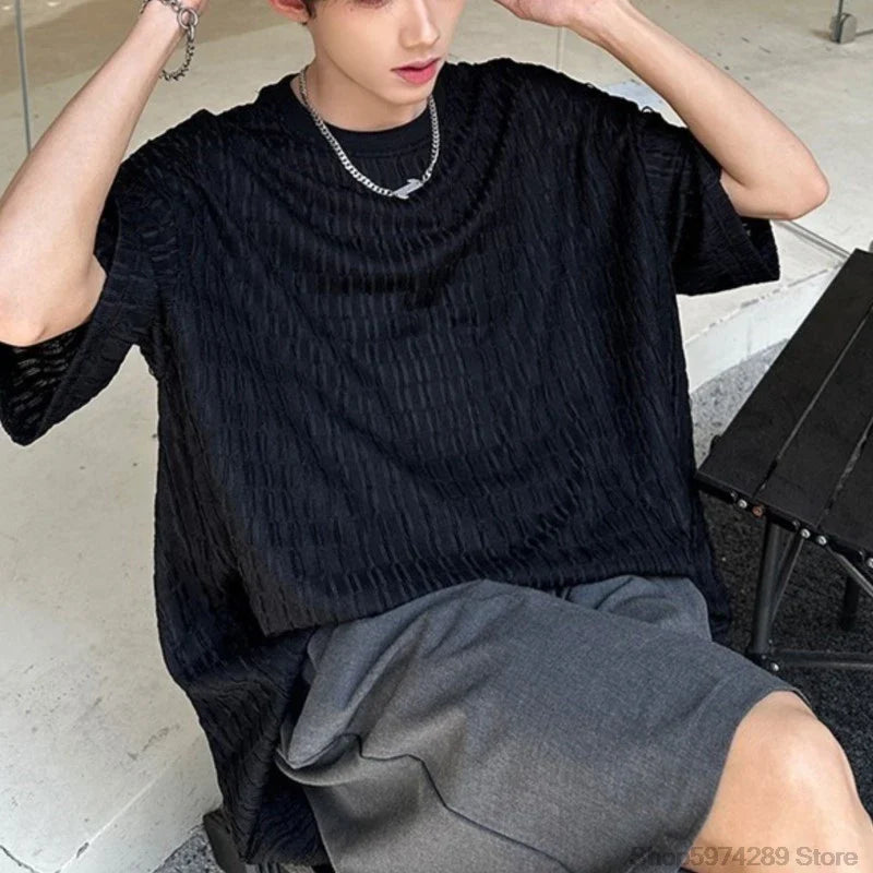 Bonsir White O-neck Pleated Stripe T-shirt for Men Vintage Large Size Breathable Soft Short Sleeved T-shirt Summer Loose Casual Tops