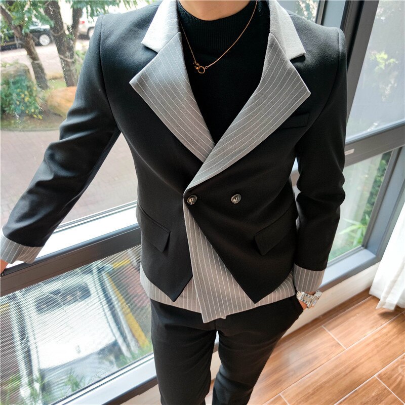 sanyamk Korean Patchwork Suit 2 Piece Suit Blazer Men Suit Set Slim Fit Tuxedo Suit Blazer Suit Men Stylish Blazer Stage Party Club
