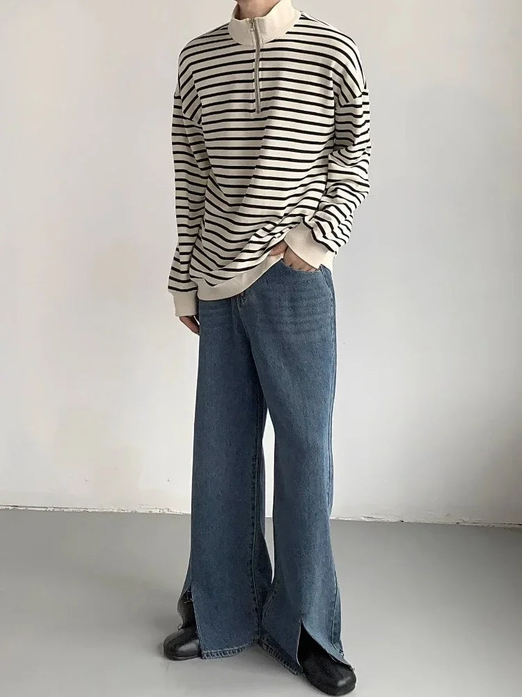 sanyamk - Striped Sweatshirts Men Chic High Street Loose O-Neck All-match Korean Style Casual Unisex Clothing Daily Simple Autumn College