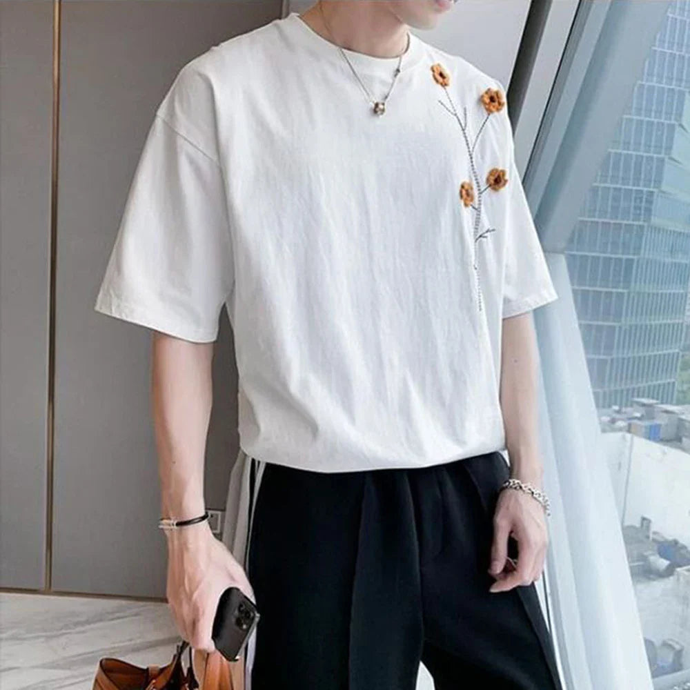Bonsir T Shirts for Men New Summer French Short Sleeve HipHop Embroidery Solid Color O-Neck Shirt Men Clothing Mens Streetwear Top Tees