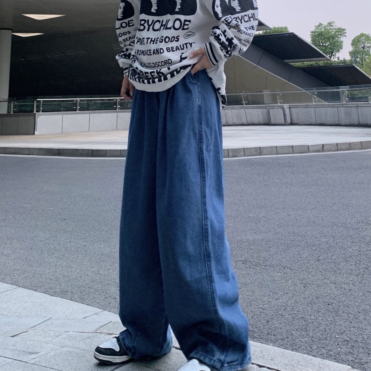 Bonsir Loose Silhouette Jeans Vintage Fashion Solid Color Wash Wide Leg Trousers Casual Trousers Men Spring Autumn Pants