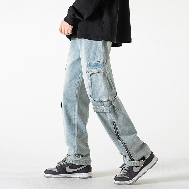 Bonsir Baggy Cargo Jeans big pocket Trousers Male Denim Pants Flared Pant women's Jeans Loose Casual Streetwear Hip Hop Harajuku