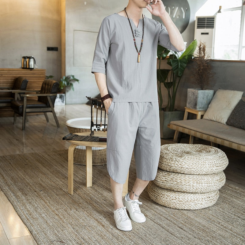sanyamk Japanese Style Suits Kimono Short-Sleeved T-shirt Pants Two Piece Men Tops Trousers Male Japan Harajuku Yukata Cardigan Costume