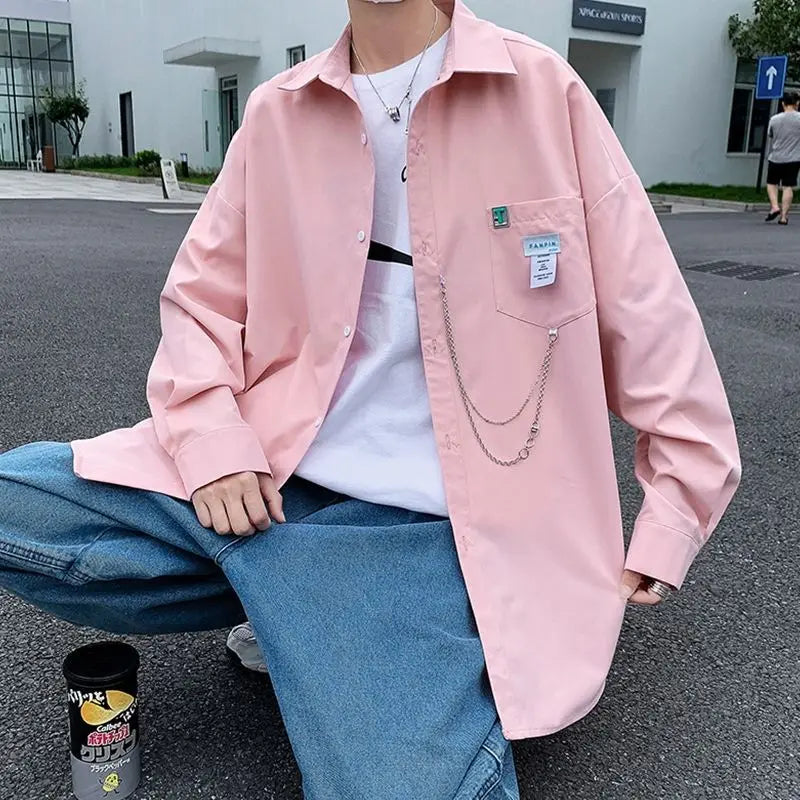 Bonsir Men Korean Fashion Appliques Oversized Chain Design Streetwear Harajuku Y2K Shirts Youth Handsome Casual Solid Long Sleeve Tops