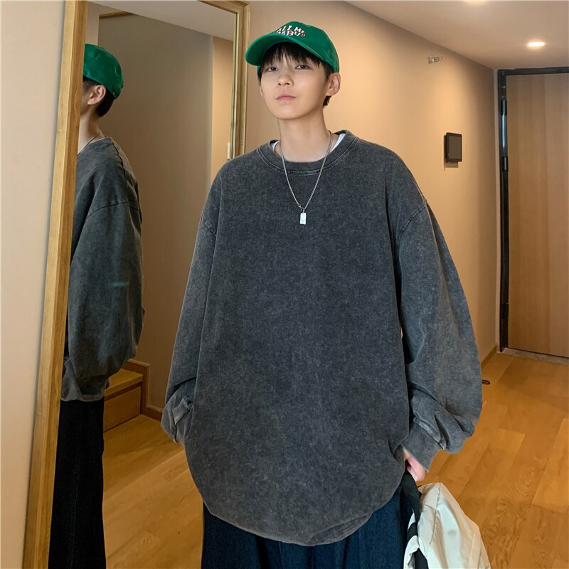 sanyamk Quality Autumn New Men's T-shirt Solid Color O-neck Long Sleeves Pure Cotton Vintage Women Loose T-shirts For Male Casual Tops
