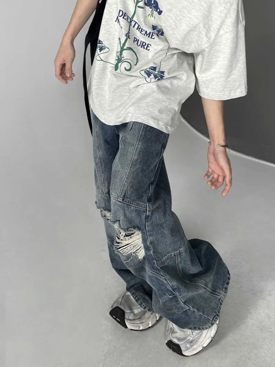 sanyamk Autumn High Street Retro Men and Women Trendy Personalized Straight Tube Washed Jeans Couple Loose Hip Hop Wide Leg Casual Pants