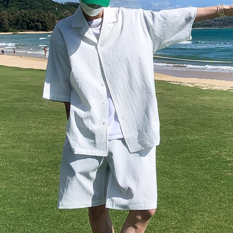 sanyamk Korean Style Men's Set Suit Jacket and Shorts Solid Thin Short Sleeve Top Matching Bottoms Summer Fashion Oversized Clothing Man