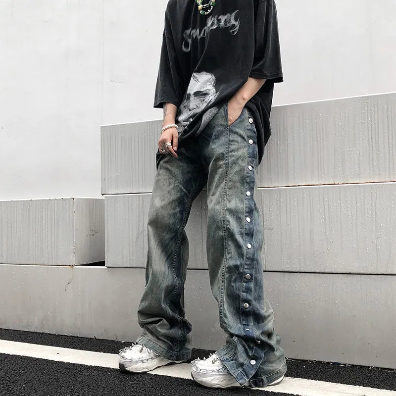 sanyamk Jeans Men Washed Old Breasted Oversized Denim Pants New Harajuku Fashion Casual Retro Loose Hip Hop Straight Trousers Streetwear