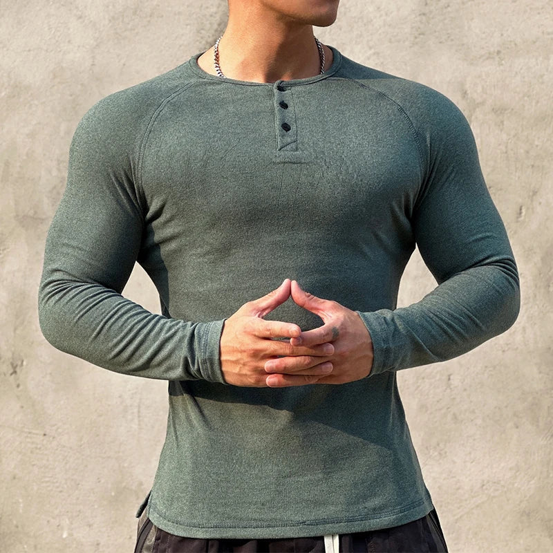 sanyamk - Casual Long Sleeve Solid T-shirt Gym Man Long Sleeve Henry Collar Shirt Muscle Men Elastic Ribbed Basic Tops Pullover Streetwear