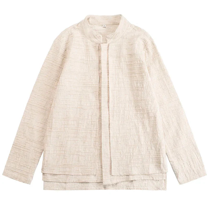 sanyamk - Chinese Style Stand-Up Collar Shirt Men Spring Autumn Linen Tang Suit Shirt Fake Two Loose Plus Size Coat Tai Chi Clothes Male