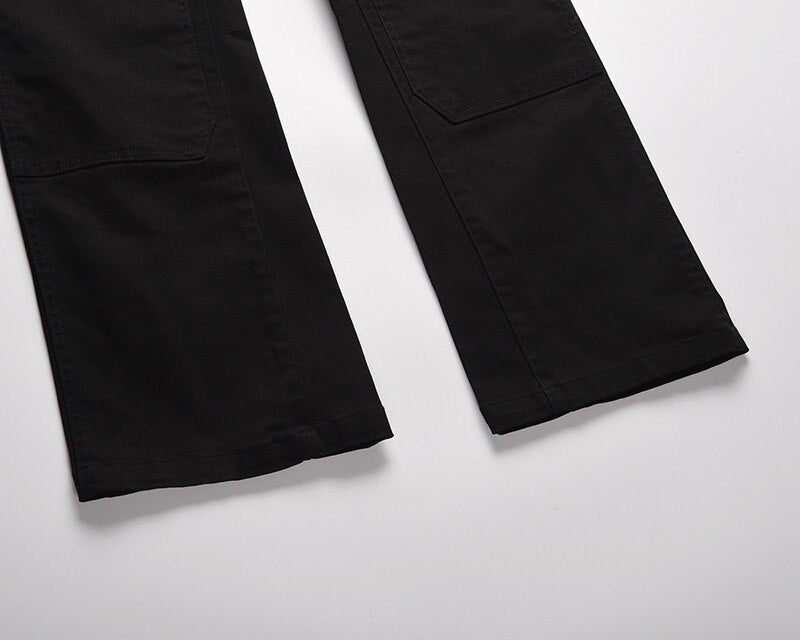 Bonsir Back Ankle Zipper Spliced Straight Flare Pants Mens High Street Washed Retro Loose Casual Jeans Hip Hop Denim Trousers