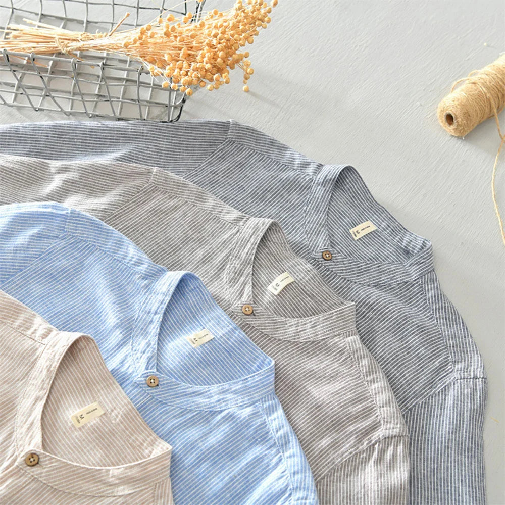 sanyamk - Cotton Linen T Shirt Men Women 2024 Spring Summer New Khaki V-neck Striped Thin Short Sleeve T-shirts Casual Breathable Top Tees