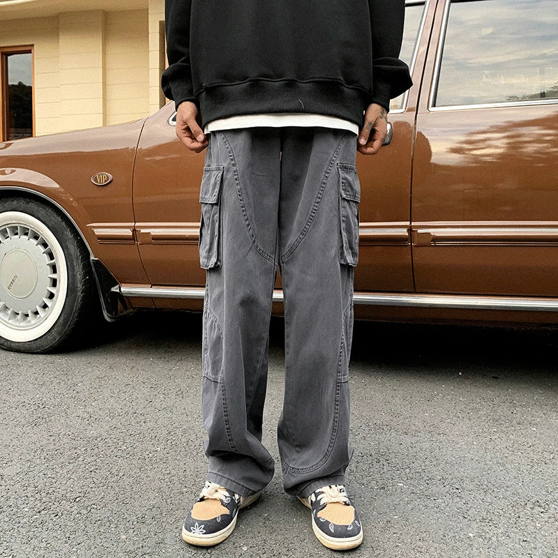 sanyamk Wide Leg Jeans Men Safari Style Washed Vintage Japanese High Street Retro Spring Autumn All-match Full Length Chic