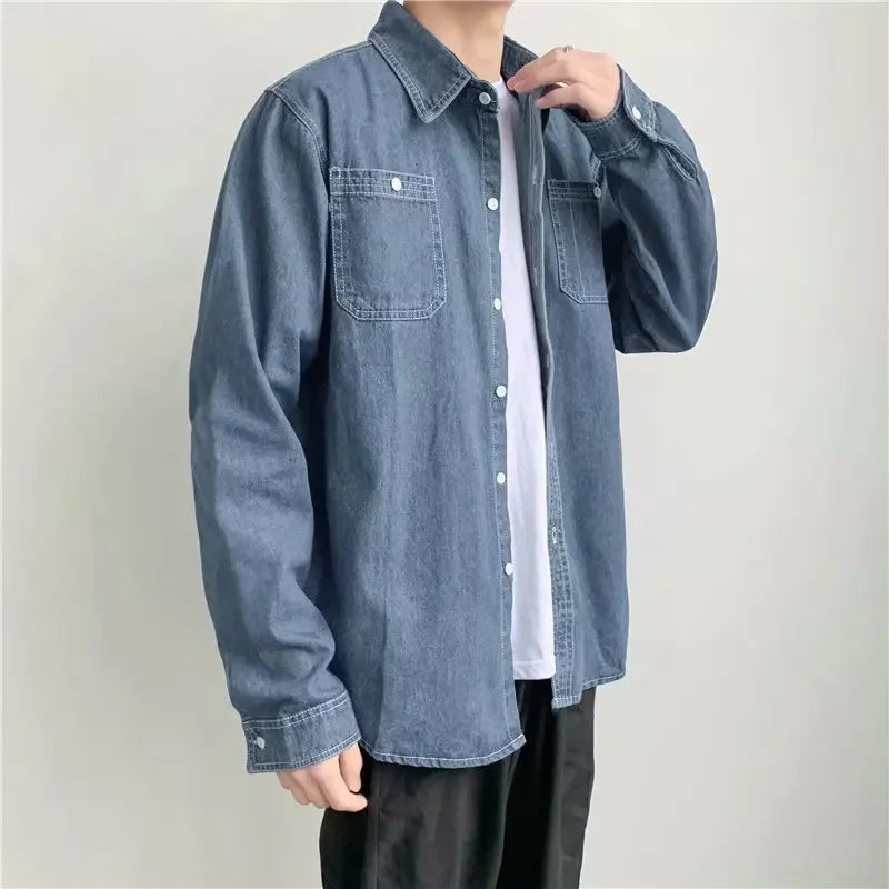 sanyamk Men's Long Sleeved Jeans Shirts Denim Shirt Fashion Classic Dress Shirts Streetwear Clothing