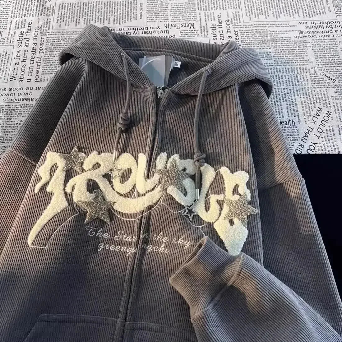 Bonsir Y2K Embroidered Hoodie Women Corduroy Autumn Winter Vintage Zip Up Oversized Sweatshirt Harajuku Long Sleeve Hooded