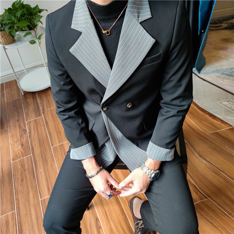 sanyamk Korean Patchwork Suit 2 Piece Suit Blazer Men Suit Set Slim Fit Tuxedo Suit Blazer Suit Men Stylish Blazer Stage Party Club