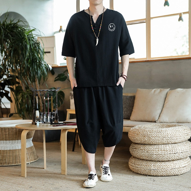 sanyamk Japanese Style Suits Kimono Short-Sleeved T-shirt Pants Two Piece Men Tops Trousers Male Japan Harajuku Yukata Cardigan Costume