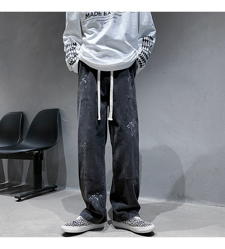 sanyamk Washed Blue Mopping Jeans Men Hiphop Casual Loose Straight Wide Leg Printed Cross Overalls Casual Denim Trousers Four Seasons