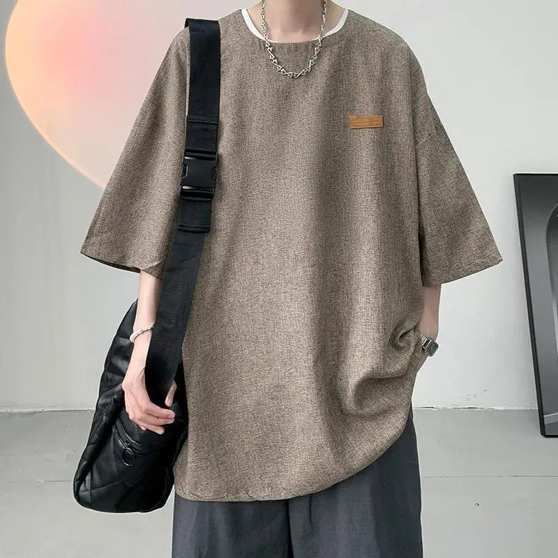sanyamk - Men's Clothing Short Sleeve Round Neck Loose Straight Pullovers Solid Printing Handsome Simple Casual Streetwear T-Shirts