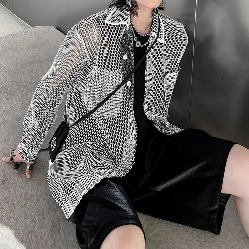 sanyamk Men's Harajuku Mesh Top Shirt Men's Casual Loose Oversized All Match Blouse Harajuku Streetwear Vintage Korean Blusas Sunscreen