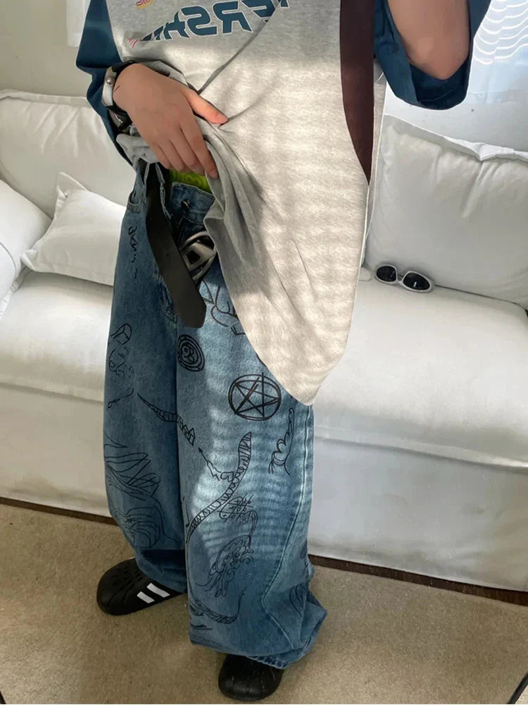 sanyamk Hip Hop Baggy Jeans Men Oversize Denim Pants Blue Jeans Printed Wide Leg Trousers Male Jeans Hippie Streetwear Casual