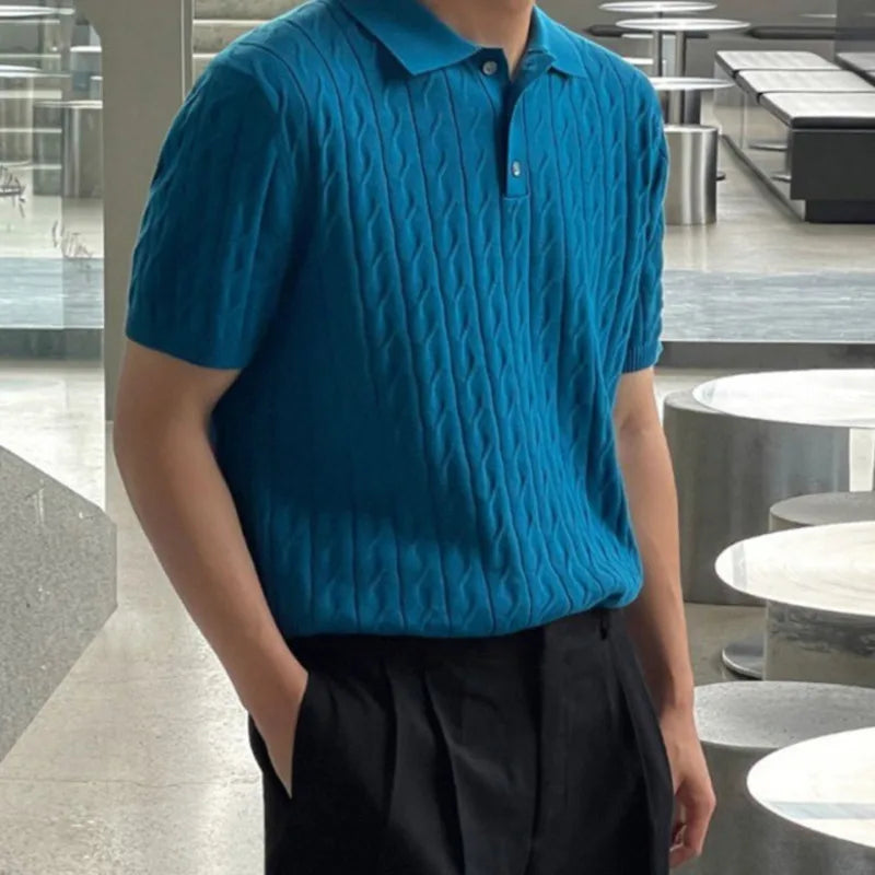 sanyamk - New Summer Loose Men's T-shirts Casual Turn-down Collar Short Sleeve Knitting Buttons Male Clothing Fashion 2024 9C6225