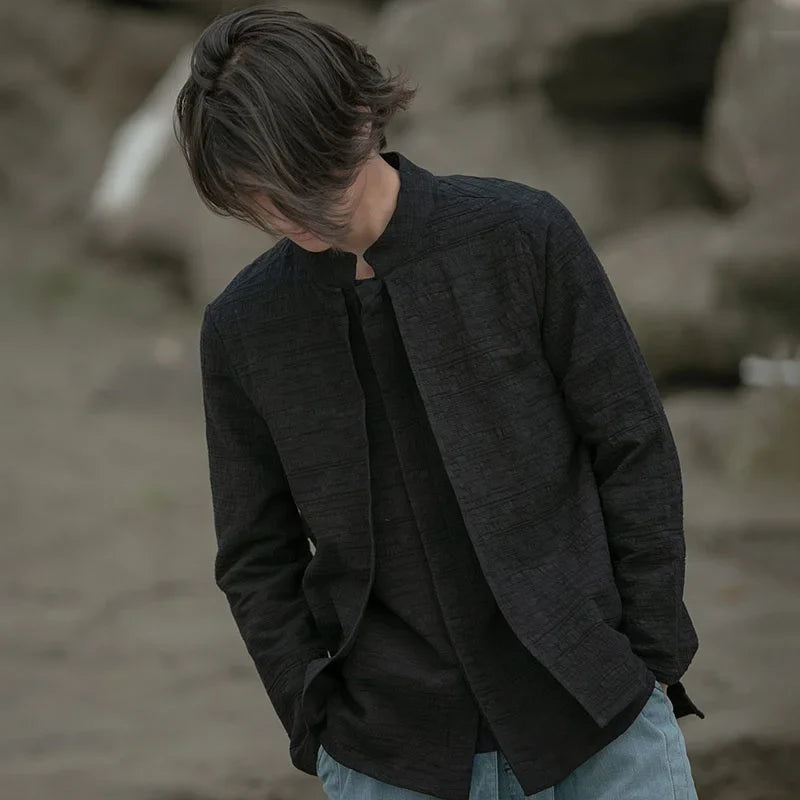 sanyamk - Chinese Style Stand-Up Collar Shirt Men Spring Autumn Linen Tang Suit Shirt Fake Two Loose Plus Size Coat Tai Chi Clothes Male