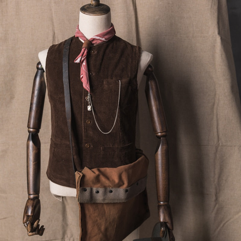 sanyamk Men's Suit Vest Coffee Corduroy O Neck Single Breasted Steampunk Clothing Vintage Male Gentleman Business Waistcoat Wedding Vest