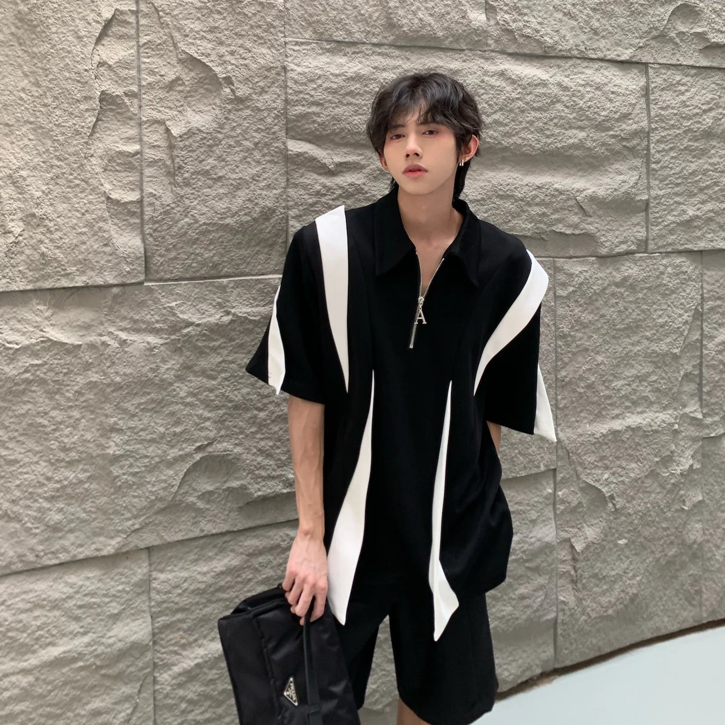 sanyamk - Summer High Street Men T-shirts Black White Contrast Patchwork Turn-down Collar Half Zipper Placket Short Sleeve Tops Tees Boys