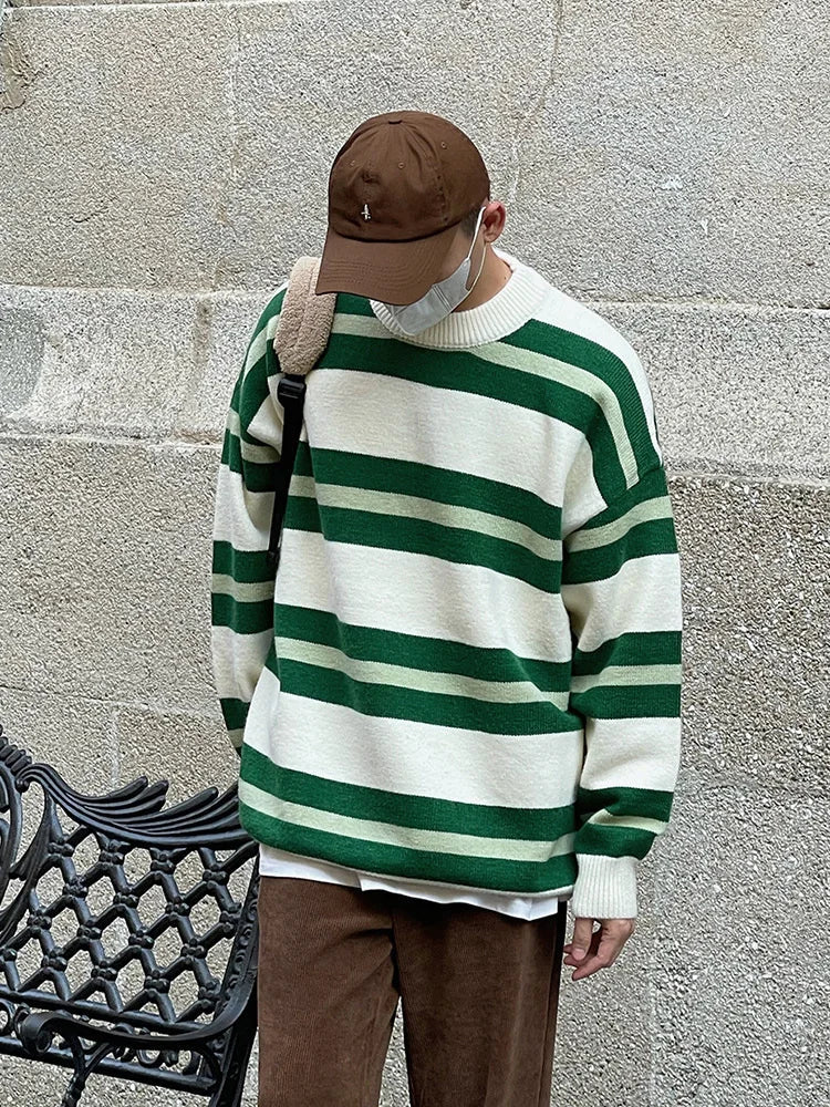 Bonsir - Green Loose Stripe Design Casual Sweater New Autumn Winter Korean Tide Men's Round Neck Kintting Tops Cvintage 2A0224