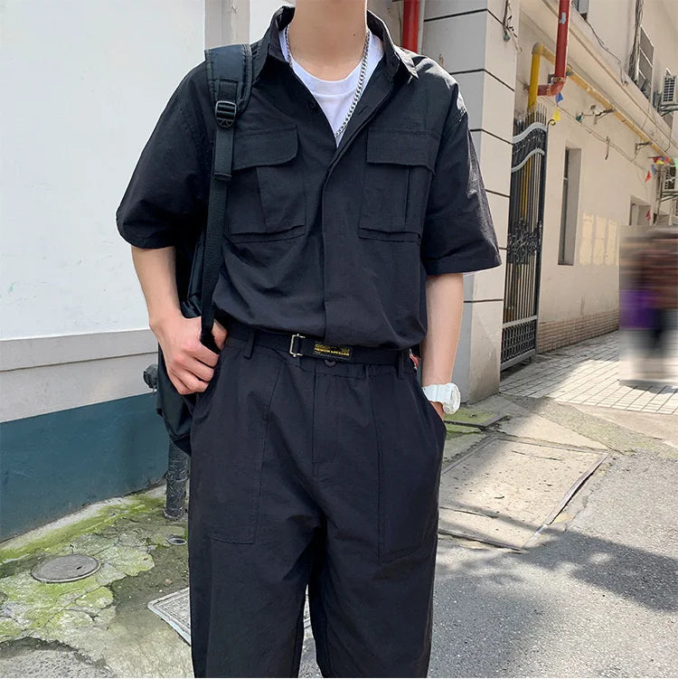 Bonsir - Mens Cargo Overalls Solid Color Lapel Short Sleeve Casual Jumpsuits Multi Pockets Loose Streetwear Rompers with Belt