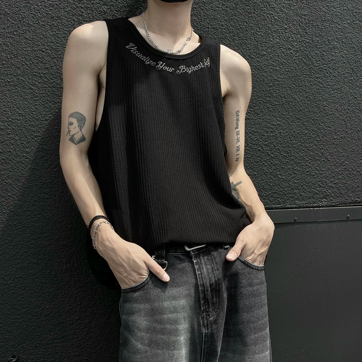 sanyamk - Summer Men's Letter Embroidery Tank Top Black White Oversized Sleeveless T-shirts for men