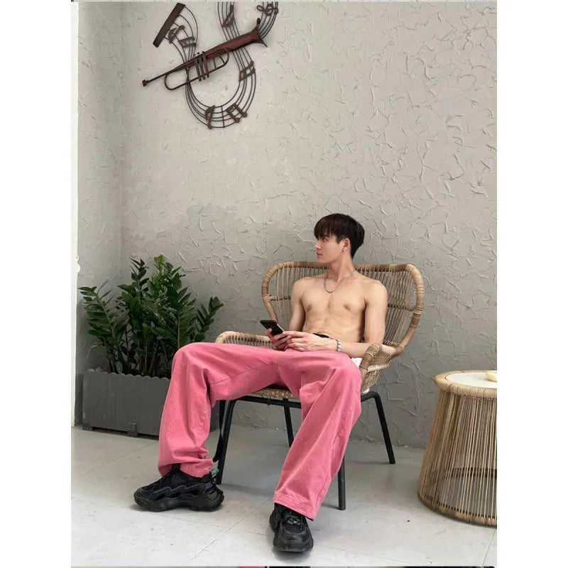 sanyamk Fashion Pink Pants Men's Jeans Loose Streetwear Baggy Denim Trousers Male Straight Bottoms Korean Style Trousers Hip Hop