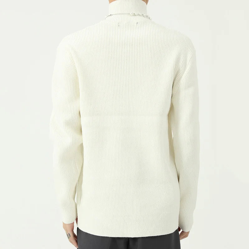 Bonsir - Wear Men's Autumn Winter New Turtleneck Sweater Korean Tide Simple Metal Accessories Design Knitted Pullover Tops 2Y2424
