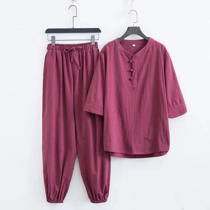 sanyamk Spring Summer New Men's Fashion Casual Solid Short Sleeve T-Shirt Pant Suit Men High-Quality Cotton And Linen Two-Piece Set 5XL