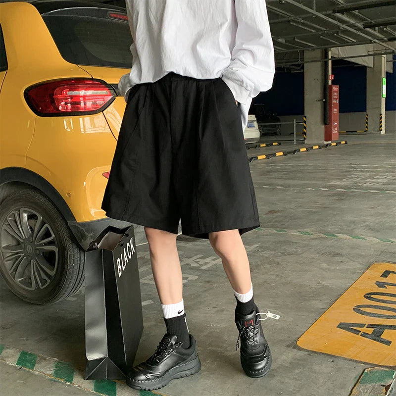 sanyamk - Summer Wide Leg Shorts Men Thin Boardshorts Men's High Street Knee Length Pants Casual Shorts Male Black/Blue/Green 5Colors