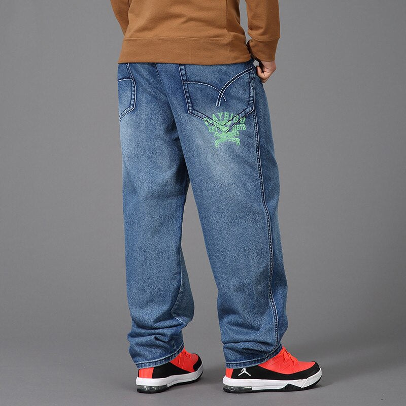 Bonsir Plus Fat Large Size 48 Loose Straight Jeans Men Street Hip Hop Printing Jeans Skateboard Baggy Denim Trousers Male