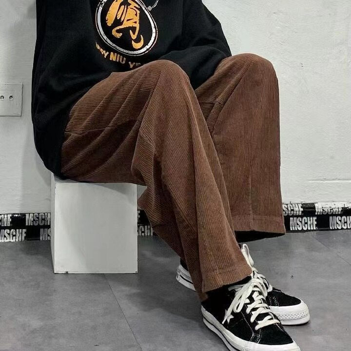sanyamk Men's Korean Style Retro Trend Sweatpants Corduroy Fabric Solid Color Straight Casual Pants Loose Brown Color Trousers