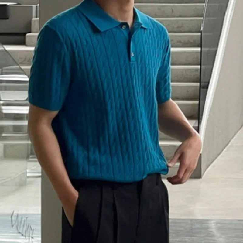 sanyamk - New Summer Loose Men's T-shirts Casual Turn-down Collar Short Sleeve Knitting Buttons Male Clothing Fashion 2024 9C6225