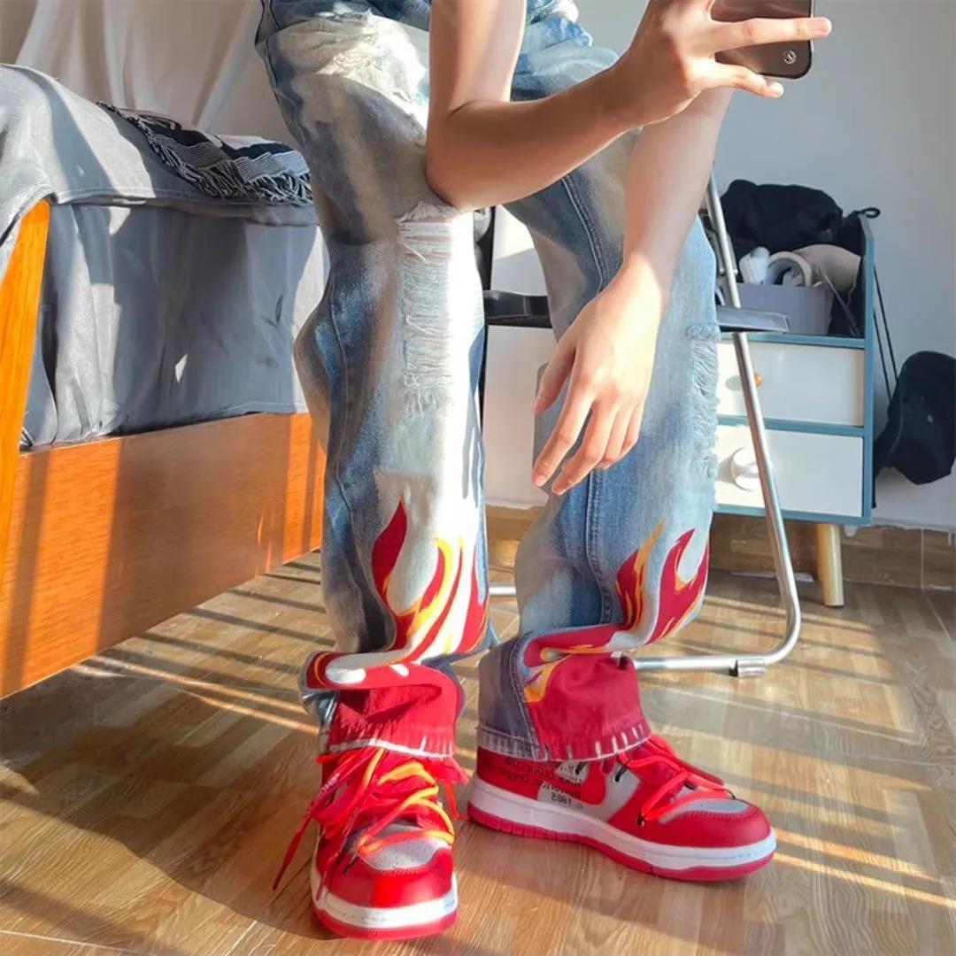 sanyamk autumn and winter new flame print hole washed swag size jeans hip hop high street style trousers for men and women jeans