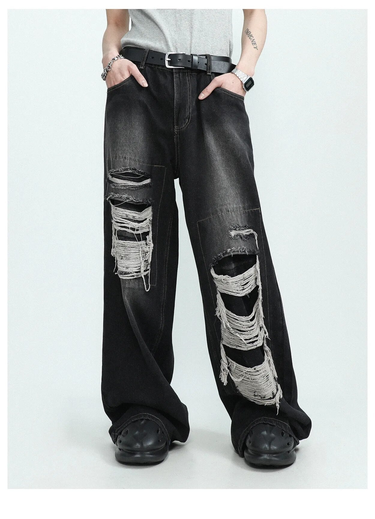 sanyamk American High end Perforated Denim Pants for Men's Design Sense Small and Loose Wide Leg Straight Leg Pants hiphop