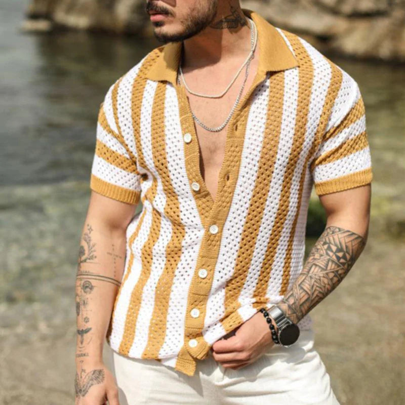 sanyamk - Male Collar Button-up Cardigan Social Shirt Men Clothing Hollow Loose T-shirts 2yk Top Fashion Striped Stitch Polos Shirts