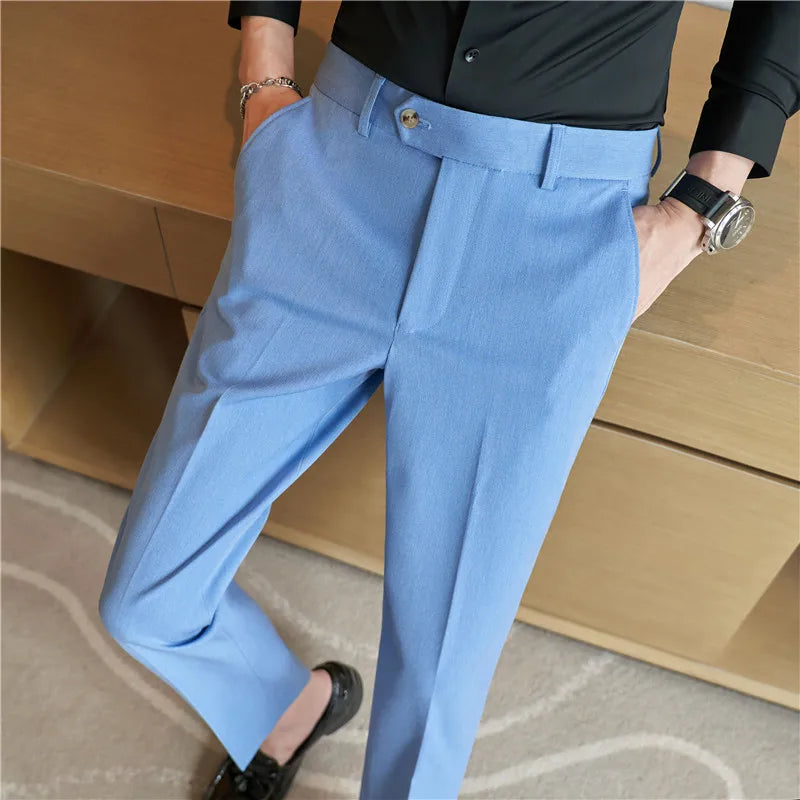 sanyamk - New Fashion Men's Pencil Pants Slim Fit Stretch Trousers Solid Korean Style Handsome Wedding Business Work Casual Suit Pant