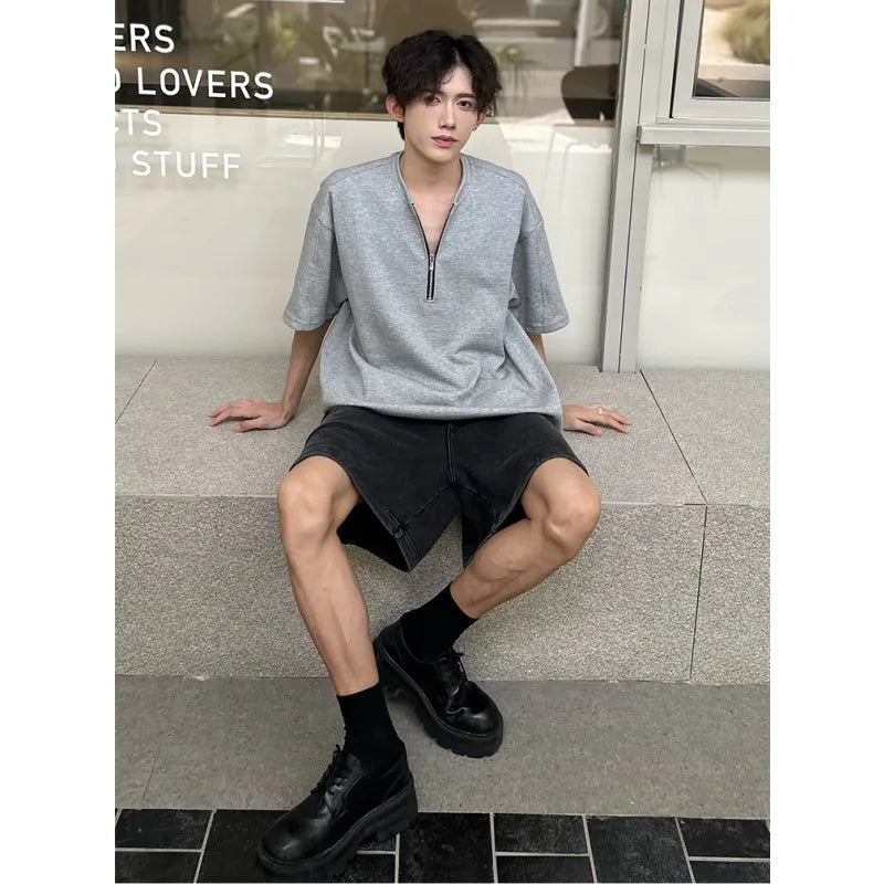 sanyamk - Summer Men's Oversized T-shirt Short Sleeve Tee Half Zipper Placket Solid Cotton Casual t-shirts for men Clean Fit Boy Clothing