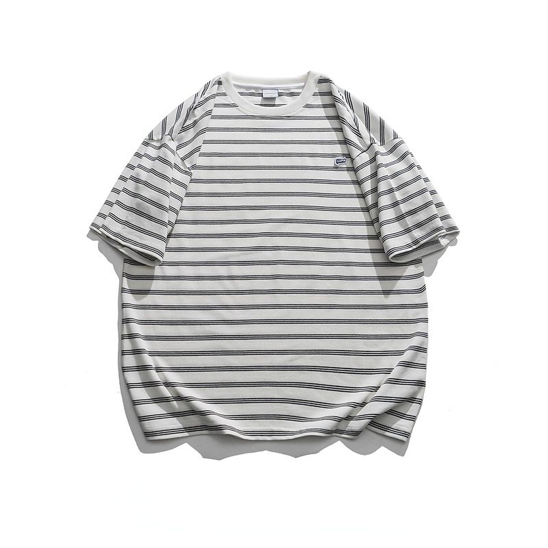Bonsir Trendy Japanese Pinstripe Short Sleeved T Shirt Men's Vintage Loose Couple Versatile Tee for Summer