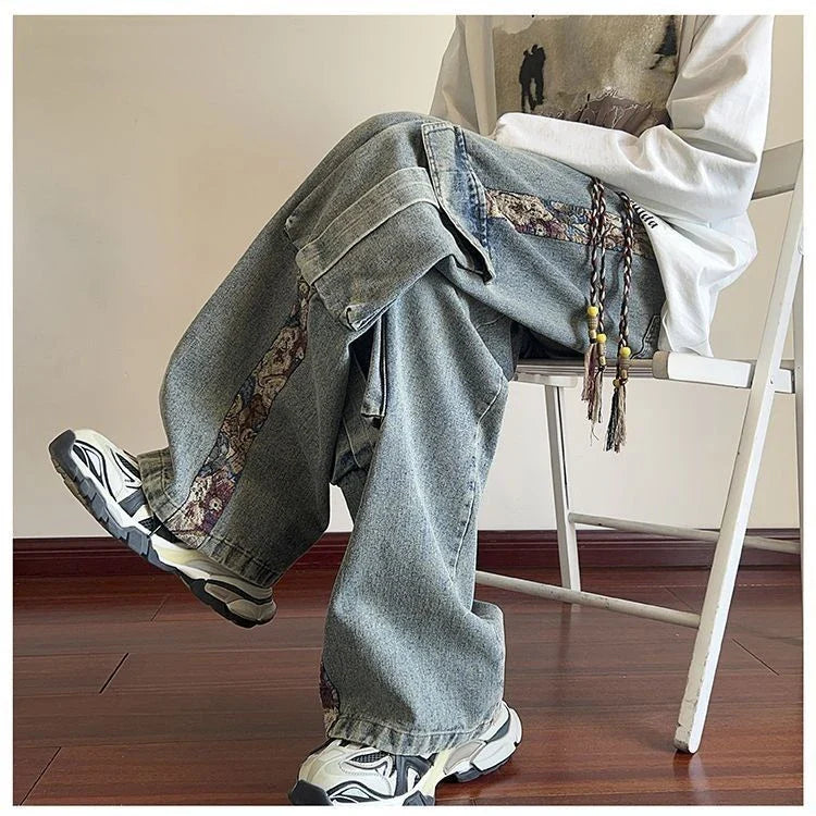 sanyamk Hip hop trend personalized straight leg retro washed workwear jeans American men and women street loose wide leg casual pants