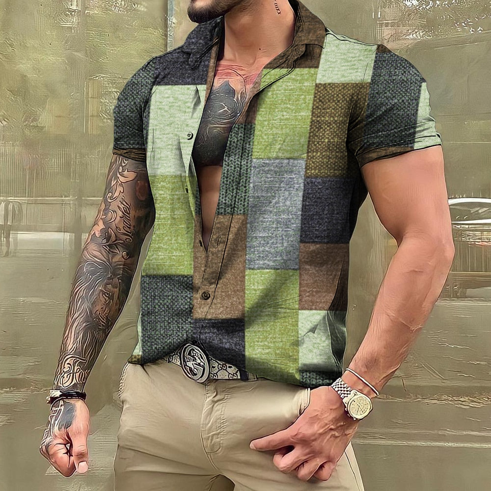 Bonsir Vintage For Men Shirts Patchwork 3d Print Camisas Lapel Oversized Short Sleeve Tops Streetwear Summer Male Hawaiian Shirt Tees